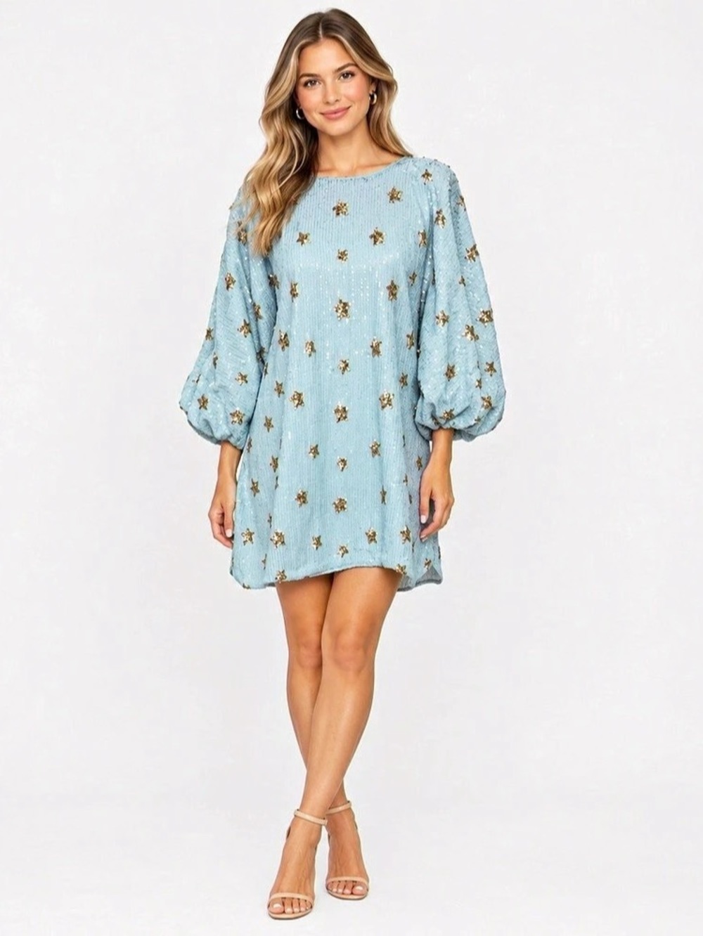 Mable Light Blue Sequin Star Mini Dress Small S Shift Tunic Balloon Sleeve $68